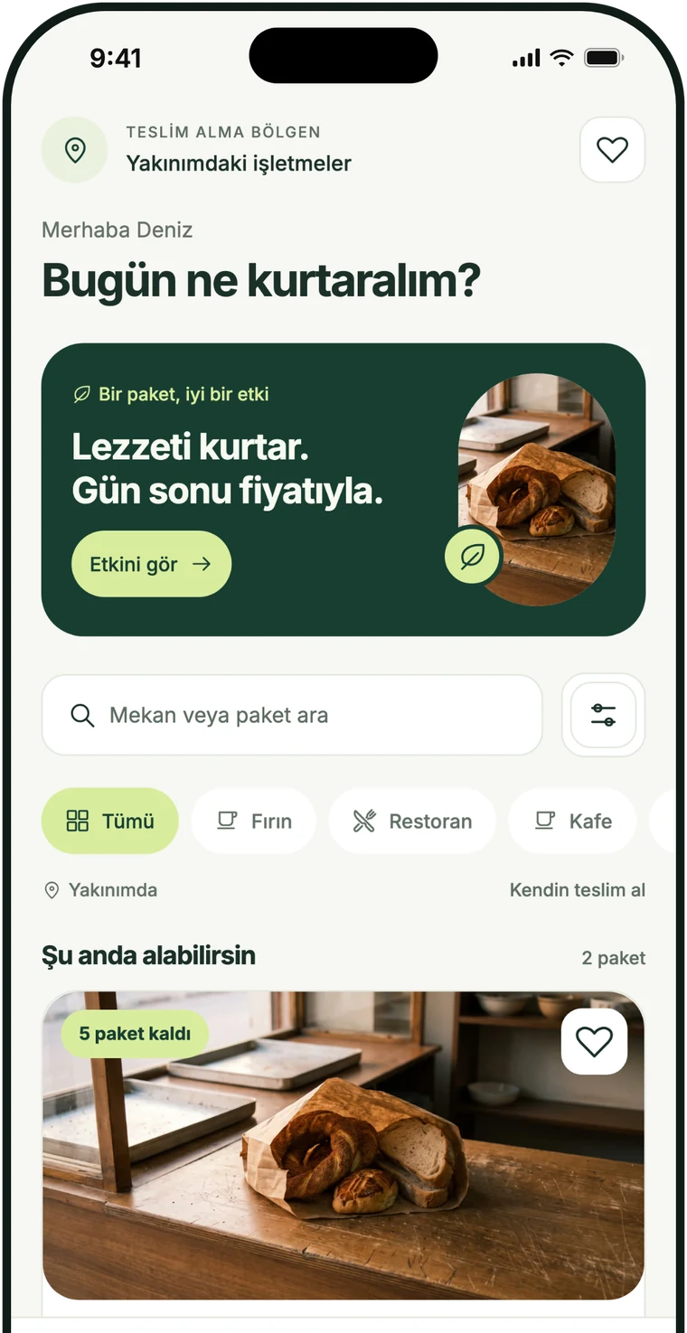 Uygulamada Keşfet ekranı: yakındaki sürpriz paketler
